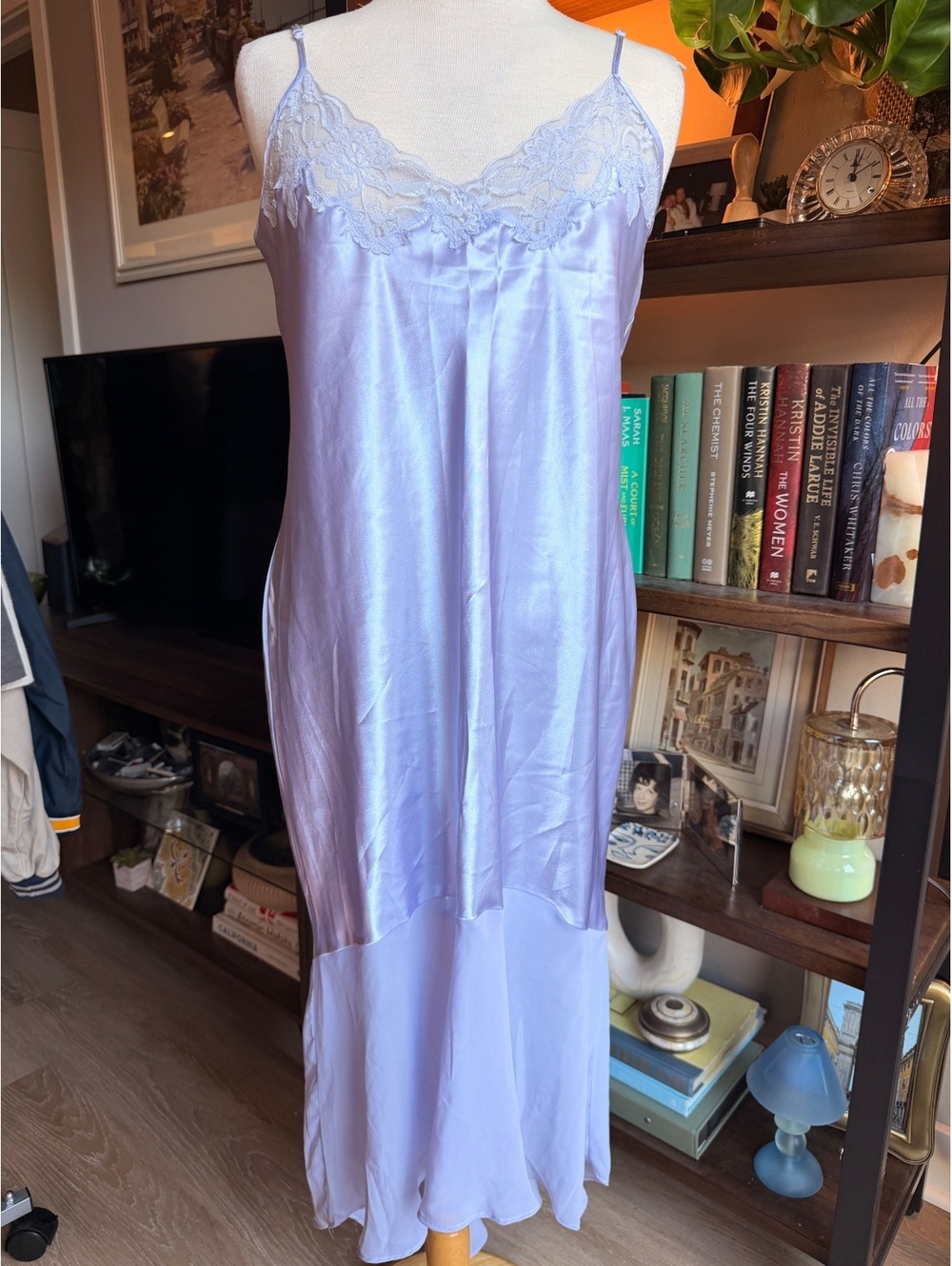 Nine & Company Lavender Satin Slip Dress with Lace Trim, Size Large